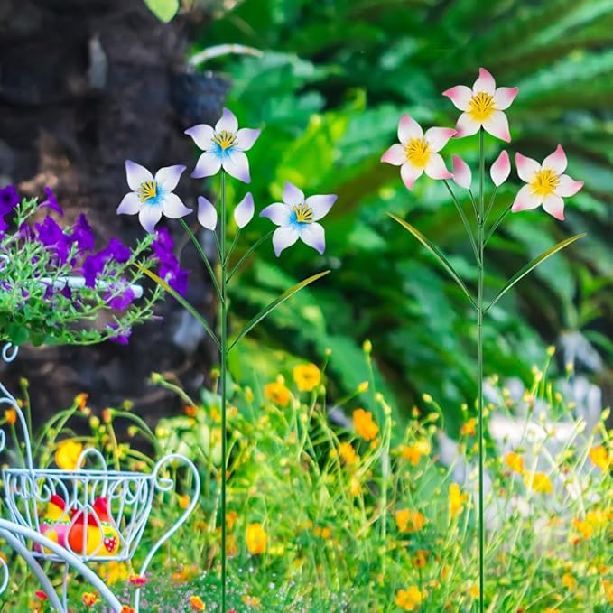 Set of 2 Spring Garden Decor,Metal Flowers Decorative Garden Stakes,Waterproof Garden Decor for Outside,Lawn,Patio,Yard