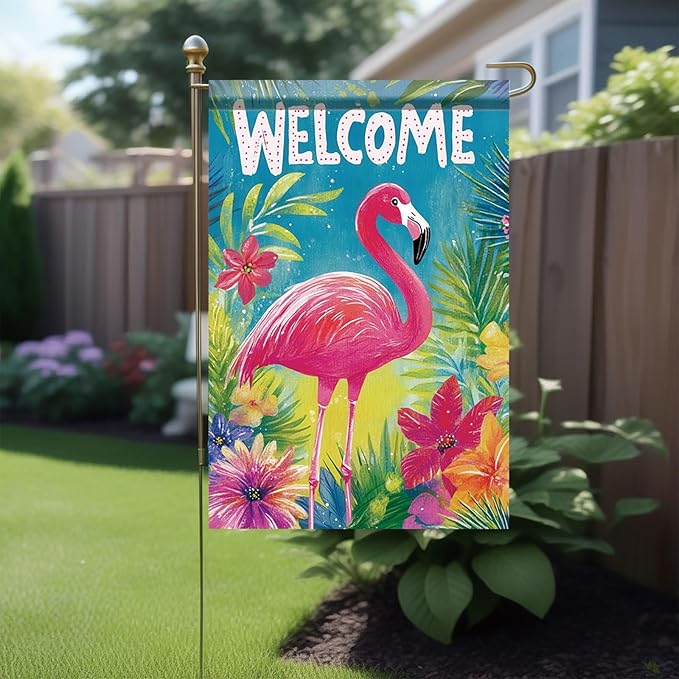 Spring Summer Garden Flag 12x18 Inch Welcome Flamingo Tropical Floral Jungle Design Outdoor Yard Porch Lawn Garden for Seasonal Coastal Farmhouse Home Decor