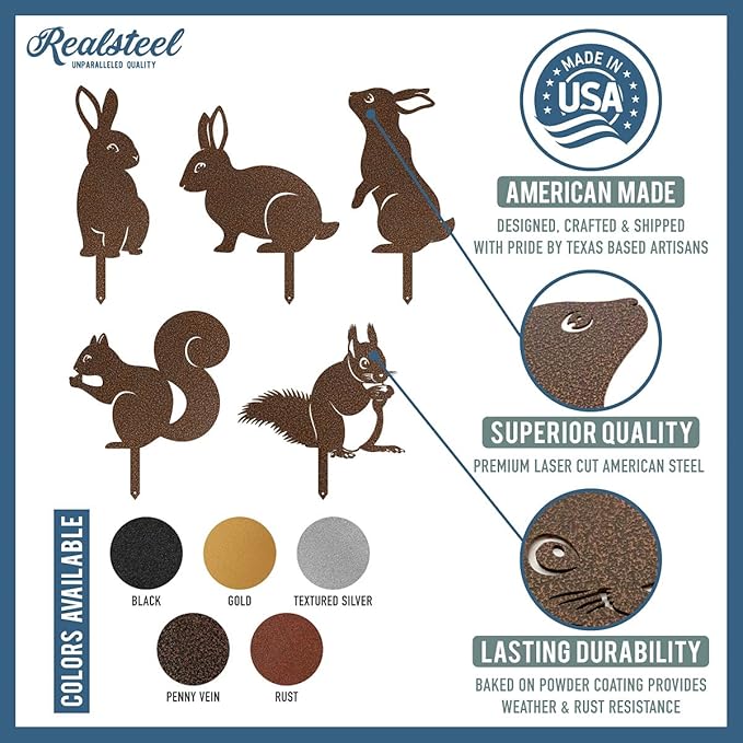 RealSteel Metal Garden Animal Sculptures & Statues – Bunny & Squirrel Yard Art Stake Pack – Outdoor Lawn & Flowerbed Decor – Weather-Resistant Steel Garden Decorations – Gift for Gardeners – Black