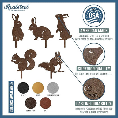 RealSteel Metal Garden Animal Sculptures & Statues – Bunny & Squirrel Yard Art Stake Pack – Outdoor Lawn & Flowerbed Decor – Weather-Resistant Steel Garden Decorations – Gift for Gardeners – Black