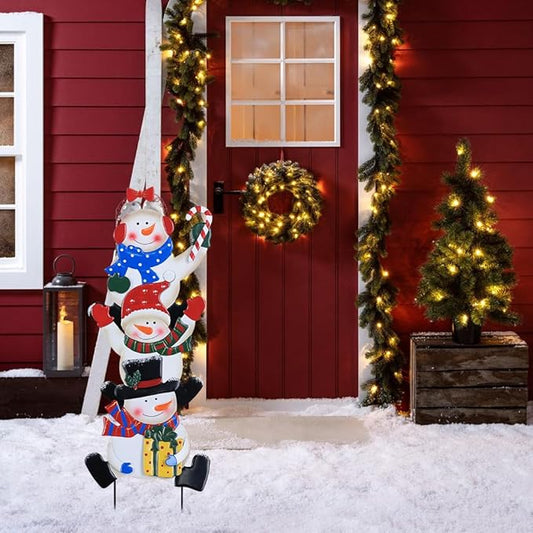 YEAHOME Outdoor Christmas Decorations, Stacked 3 Snowman Decorative Garden Stakes for Christmas Decor, Metal Yard Signs Xmas Decorations for Outside Garden Yard Lawn Porch Holiday Party