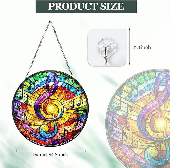 Music Note Stained Glass Window Hanging - Round Musical Suncatcher with Chain, Colorful Glass Ornament for Music Studio Home Garden Decor Gift, 8 Inch