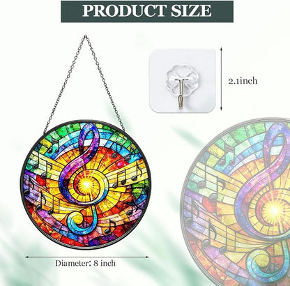 Music Note Stained Glass Window Hanging - Round Musical Suncatcher with Chain, Colorful Glass Ornament for Music Studio Home Garden Decor Gift, 8 Inch