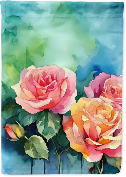 Caroline's Treasures New York Roses in Watercolor House Flag Large Porch Sleeve Pole Decorative Outside Yard Banner Artwork Wall Hanging, Polyester, House Size, Multicolor