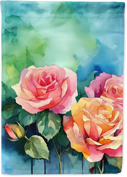 Caroline's Treasures New York Roses in Watercolor House Flag Large Porch Sleeve Pole Decorative Outside Yard Banner Artwork Wall Hanging, Polyester, House Size, Multicolor