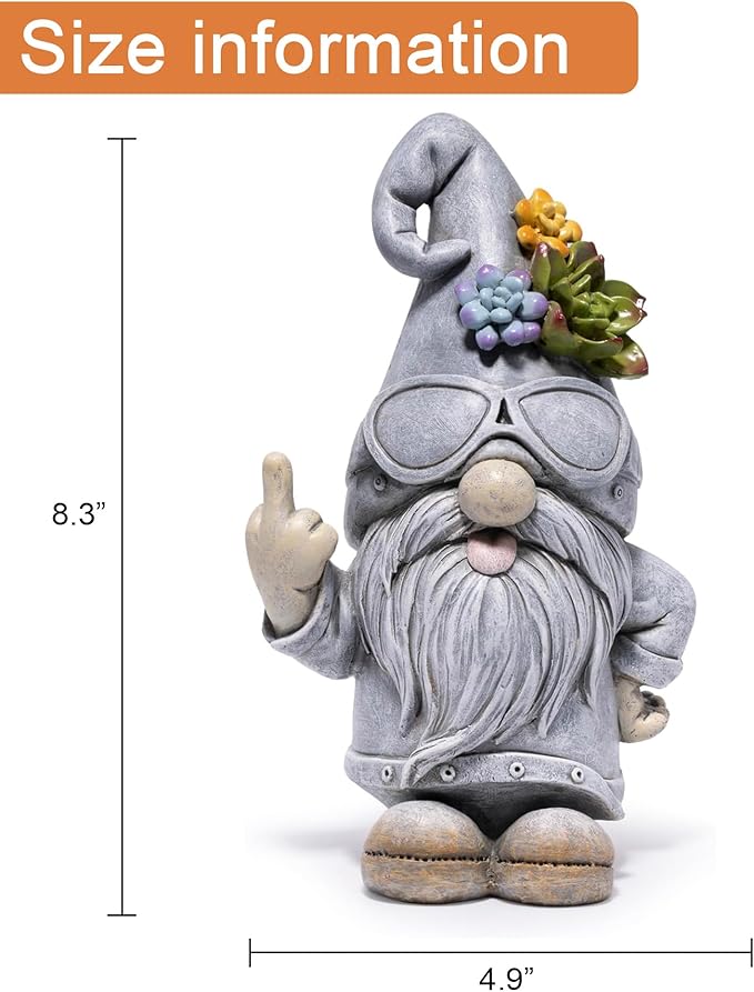 basen Funny Garden Gnome Statue, Resin Outdoor Lawn Yard Decor, Cool Sunglasses Gnome Figurine with Succulent Hat Accent, Weatherproof Patio Porch Backyard Decoration, Unique Gift Idea