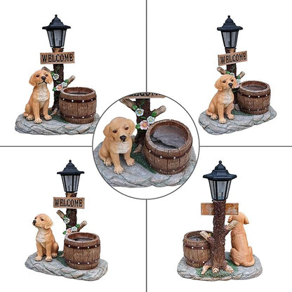 Solar Garden Statue with Planter & Lantern, Outdoor Resin Animal Sculpture, Waterproof Yard Lawn Decor Pot for Succulents, Front Porch Ornament Housewarming Gift (Lab Puppy)