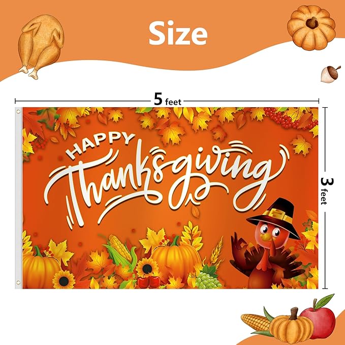 Thanksgiving Flag 3x5 Ft Happy Thanksgiving Decorations Orange Turkey Pumpkins Sunflower Leaf Backdrop Hanging Outdoor Flag Party Supplies for Indoor Outdoor Garden,Lawn,Yard,Balcony Decor