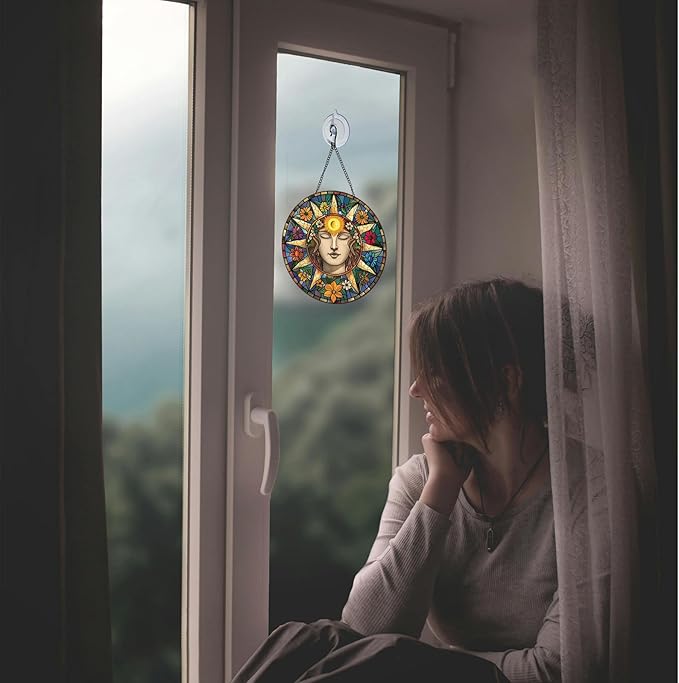 Stained Glass Window Hanging Sun Suncatcher 8 Inch, Indoor Outdoor Wall Art Home Decor, Sun Catchers, Birthday for Women Men