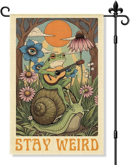 Stay Weird Garden Flag Double Sided Yard Outdoor Decoration 12x18 Inch, Retro Tarot Frog Outdoor Yard Garden Flag, Spring Floral Frog Home Decor Banner, Home Gifts for Gardening Enthusiasts