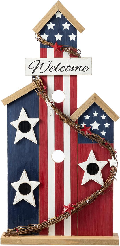 Glitzhome Patriotic Porch Sign, 4th of July Independence Day Welcome Sign, Wooden Birdhouse Design, 30" Farmhouse Rustic Porch Board for Memorial Day Front Door, Patio, and Yard Party Decor