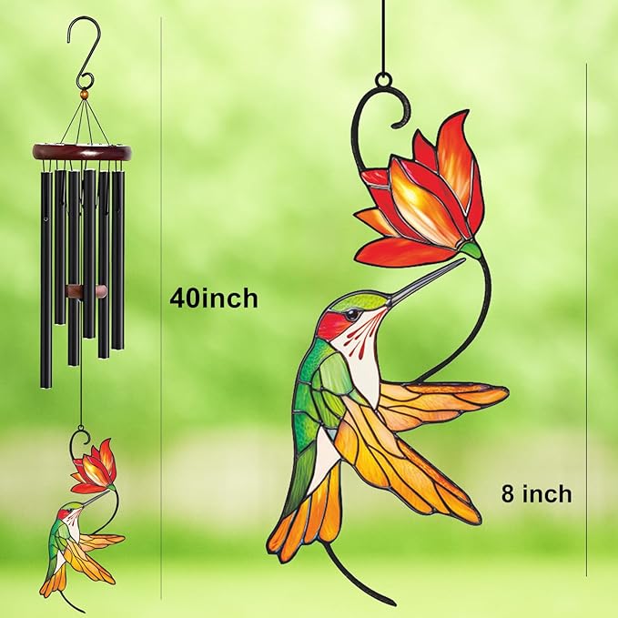 Personalized Metal Wind Chime Garden Sign, 40 Inch Outdoor Colorful Bird & Flower Memorial Decor, Yard Hanging Plaque for Patio Porch Lawn (JSTY382)