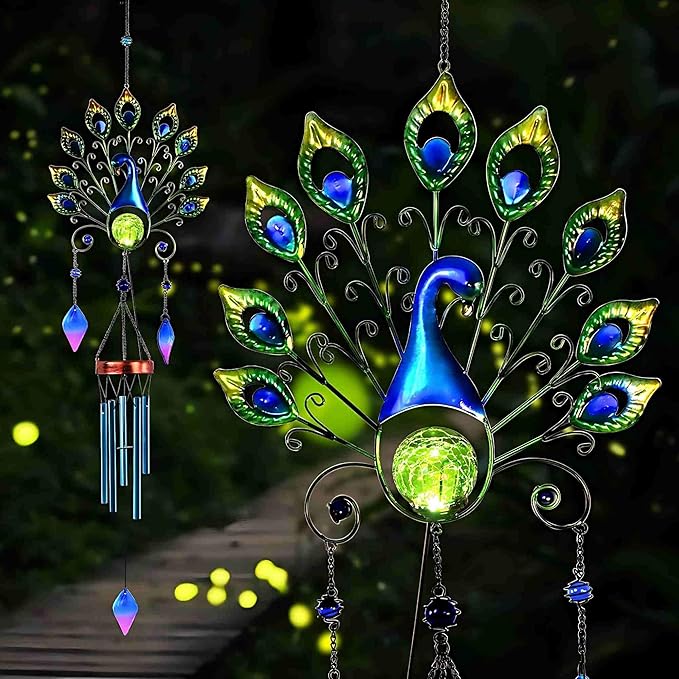 Pearlstar Solar Wind Chimes Outdoor, 53.5" Large Peacock Wind Chimes Light with Crackle Glass Ball, Waterproof Colorful Metal Peacock Wind Chimes for Garden Patio Yard Home Decor Memorial Gift…