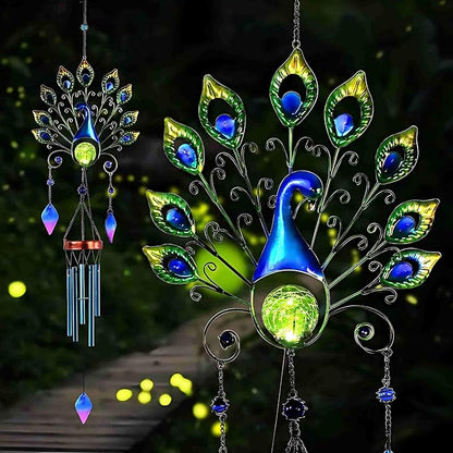 Pearlstar Solar Wind Chimes Outdoor, 53.5" Large Peacock Wind Chimes Light with Crackle Glass Ball, Waterproof Colorful Metal Peacock Wind Chimes for Garden Patio Yard Home Decor Memorial Gift…