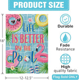 Dyrenson Summer Life is Better by The Pool Decorative Garden Flag, Flamingo Swim Rings Tropical Palm Leaves Yard Outside Home Decoration, Flip Flops Ball Outdoor Small Decor Double Sided 12 x 18
