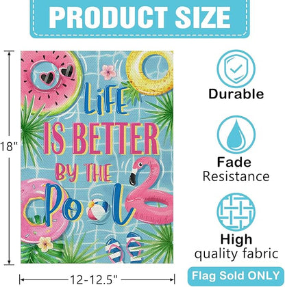 Dyrenson Summer Life is Better by The Pool Decorative Garden Flag, Flamingo Swim Rings Tropical Palm Leaves Yard Outside Home Decoration, Flip Flops Ball Outdoor Small Decor Double Sided 12 x 18