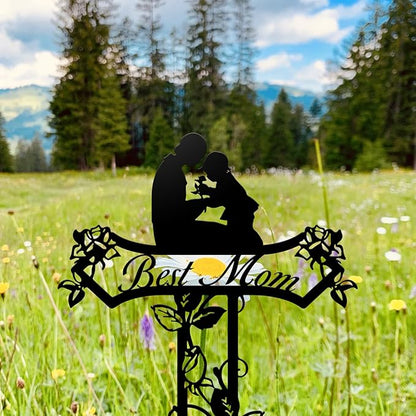 Rustic Metal Cross Memorial Stake, Mom Dad Grave Site Decorations Artificial Flowers for Cemetery, Ideal for Yard, Garden, Lawn & Tombstone, Cemetery Decorations for Grave (Mom)