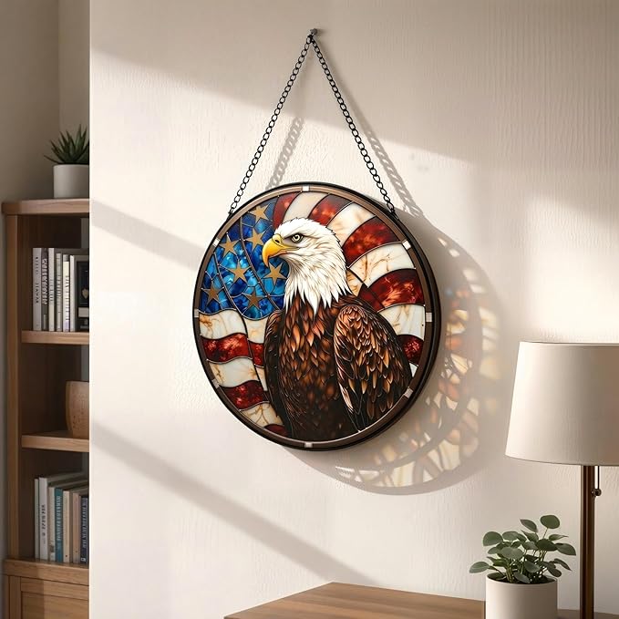 Eagle Stained Glass Suncather for Window Hanging, 6.3'' American Bald Eagle Ornament Gift for Men, Patriotic Wall Art Home Decor Gift for Father's Day Independence Day (Brown, 6.3'')
