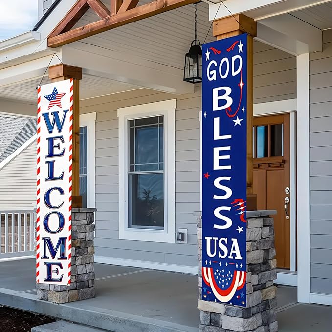 BlissYard 2Pcs Welcome Patriotic Door Banner 4th of July Decorations American Banners Hanging Porch Signs Decor for Independence Memorial Day Veterans Labor Day for Yard Indoor Outdoor Supplies