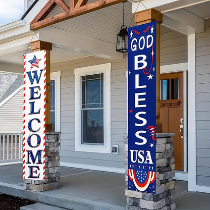 BlissYard 2Pcs Welcome Patriotic Door Banner 4th of July Decorations American Banners Hanging Porch Signs Decor for Independence Memorial Day Veterans Labor Day for Yard Indoor Outdoor Supplies