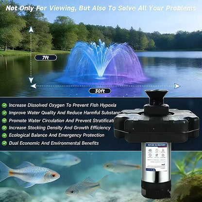 Pond Fountain Aerator,Pond Fountain, 1 HP with Dynamic LED RGB Lighting, Adjustable Modes, Digital Timer | 15,000 GPH, 750W 110V, 100FT Cord - for Large Ponds, Lakes & Outdoor Water Features