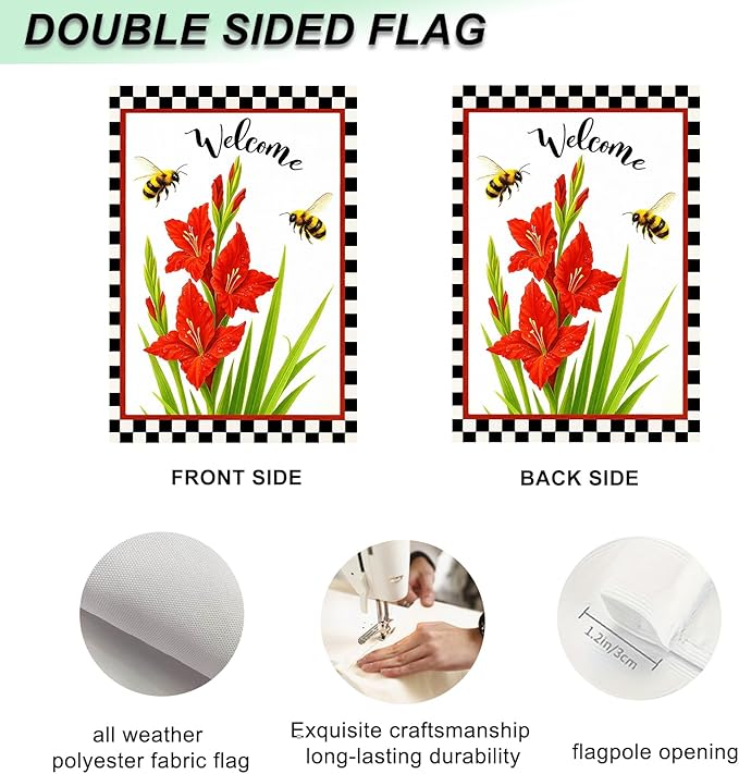 IVN Welcome Garden Flag 12x18 Inch Double Sided Spring Summer Garden Yard Flags Red Gladiolus Flowers Bees Decorative Small Flags for Outdoor Seasonal Front Door Lawn Porch Patio Decor Yard Flag