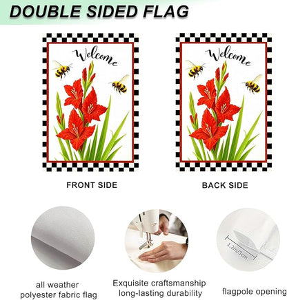 IVN Welcome Garden Flag 12x18 Inch Double Sided Spring Summer Garden Yard Flags Red Gladiolus Flowers Bees Decorative Small Flags for Outdoor Seasonal Front Door Lawn Porch Patio Decor Yard Flag