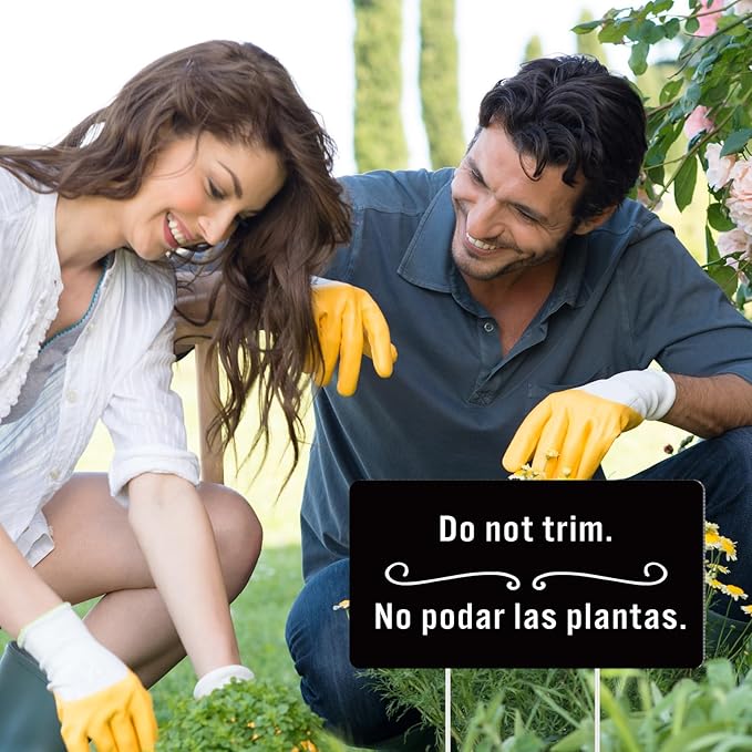 Menkxi 2 Pcs Do Not Trim Yard Signs with Plastic Stakes, 9.2'' x 4.9'' Bilingual Plant Signs Outdoor PP Material Garden Markers, 11.81'' Stake (Black)
