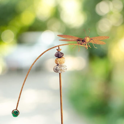 Red Carpet Studios Balancing Buddies Yard Art Garden Stake with Stone Accents, Large 48-Inches Tall, Natural Dragonfly