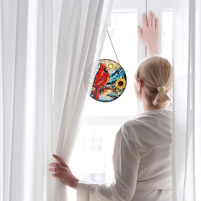 Cardinal Stained Glass Window Hanging with Sunflower, 7.9-Inch Suncatcher for Windows, Cardinal Gifts for Women, for Bird Lovers