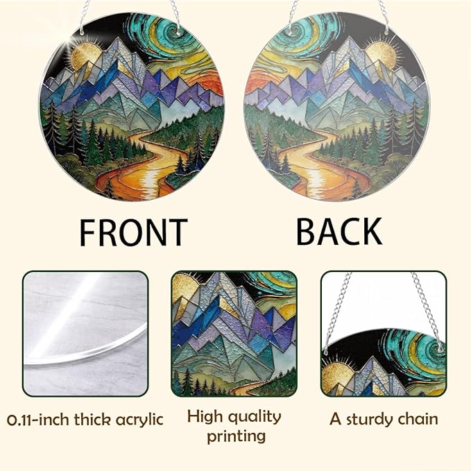 Sun Mountains Acrylic Window Hanging, Boho Wall Art Decor, Home Decor for Room, Hand Painted Round Acrylic Sun Catcher with Chain, Housewarming Gift, Women Gift for Friends Family