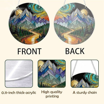 Sun Mountains Acrylic Window Hanging, Boho Wall Art Decor, Home Decor for Room, Hand Painted Round Acrylic Sun Catcher with Chain, Housewarming Gift, Women Gift for Friends Family