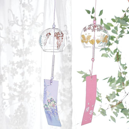 BENECREAT 2PCS Japanese Wind Chimes Pink & Purple Glass Wind Bells Handmade Pendants for Birthday Gift, Home Christmas Party Decorations