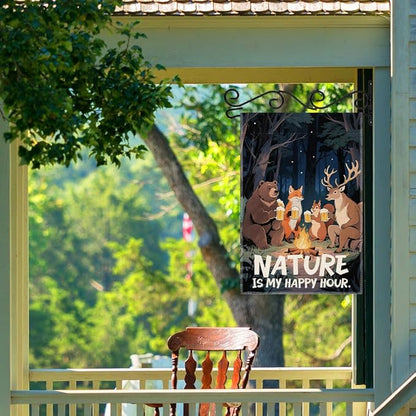 Nature Is My Happy Hour Garden Flag, Double Sided Farmhouse Lawn Outdoor Decor Yard Flags Gifts, Funny Campsite Yard Flag Gifts for Camping Lover, 12x18 In, Forest Animal Banner For Camper