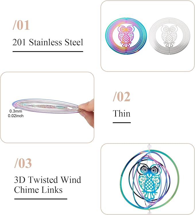 Stainless Steel Reflective Wind Spinners for Christmas Tree Decor 3D Owl Wind Chimes Gradient Etched Metal Embellishments for Outdoor Indoor Garden Hanging Decor 2Pcs