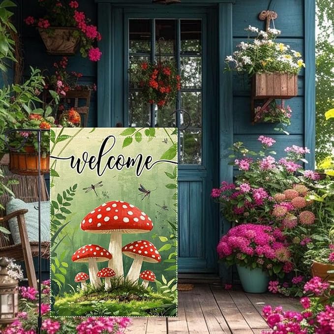 Welcome Spring Summer Mushrooms Garden Flag 12x18 inch Double-Sided Small Burlap Yard Outside Lawn Rustic Farmhouse Decorations