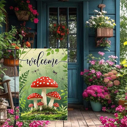 Welcome Spring Summer Mushrooms Garden Flag 12x18 inch Double-Sided Small Burlap Yard Outside Lawn Rustic Farmhouse Decorations