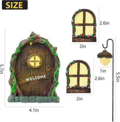 Miniature Fairy Garden Accessories: Glow in The Dark Fairy Door and Windows for Trees, Green Resin Garden Ornament with Lantern