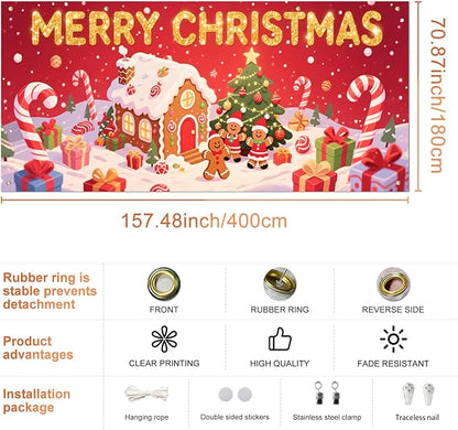 IVN Christmas Garage Door Cover Decoration 13x6ft Gingerbread House Christmas Tree Candy Path Merry Christmas Garage Door Banner Home Door Front Yard Decor for Xmas Eve Holiday Outdoor