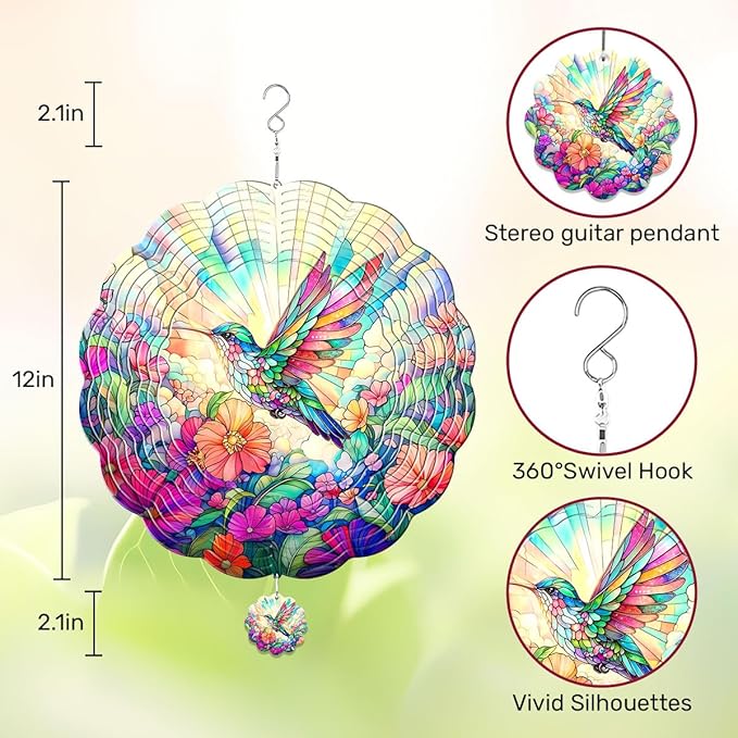 GENANY Hummingbird Hanging Wind Spinners for Women Men, 12 Inch Metal 3D, Stainless Steel Hanging Wind Catchers Sculpture for Outside, Outdoor Spring Decoration, Unique Gift