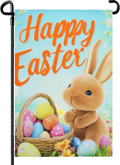Happy Easter Bunny Garden Flag 12x18 Inch Double Sided Rabbits Colorful Eggs Yard Flags Spring Floral Small Flags for Outside Graden Home Decorations