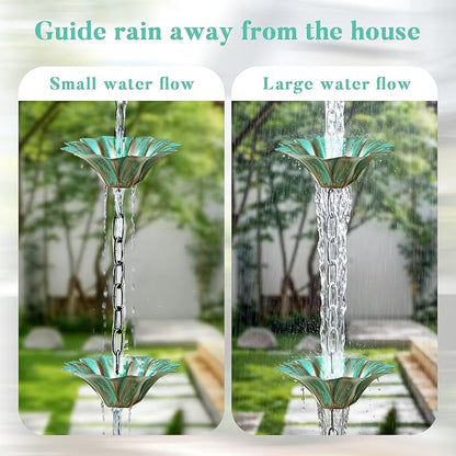 Rifachua 12 Cups Lotus Rain Chain for Gutters Downspouts Outside 8.5ft, Green Plated Bronze Lotus Rain Chain Cups, Functional and Decorative Replacement for Gutter Downspouts