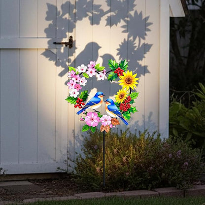 Garden Stakes Metal Bluebird - Heart Shaped Pair of Blue Birds with Flowers Colorful Yard Decor, Outdoor Lawn Ornament (Bluebird Couple)