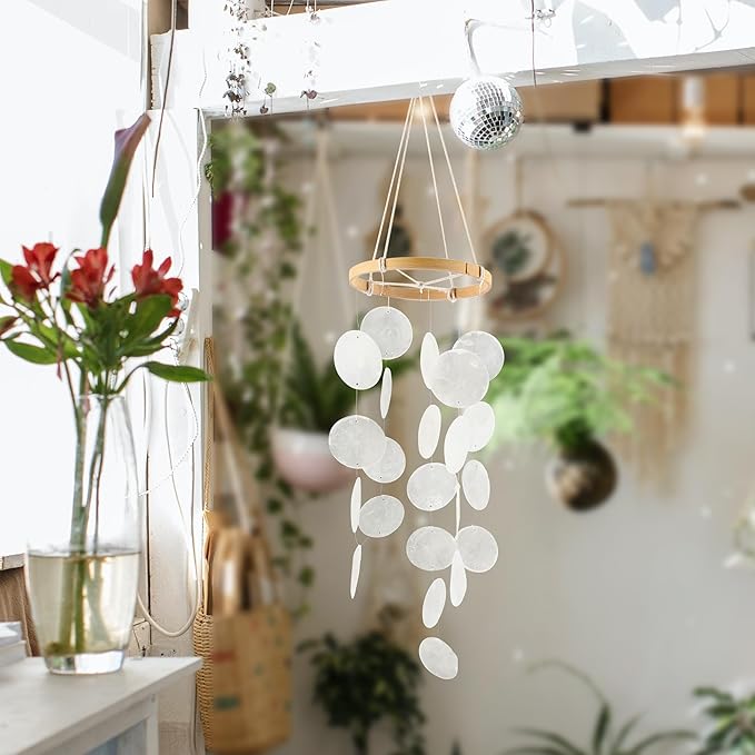Handmade Capiz Wind Chimes for Outside, Outdoor Seashell Hanging Beach Coast Ocean Home Decorative, Unique Natural Shell Waterfall Windchimes for Summer Patio, Great Memorial Sympathy Gift（White