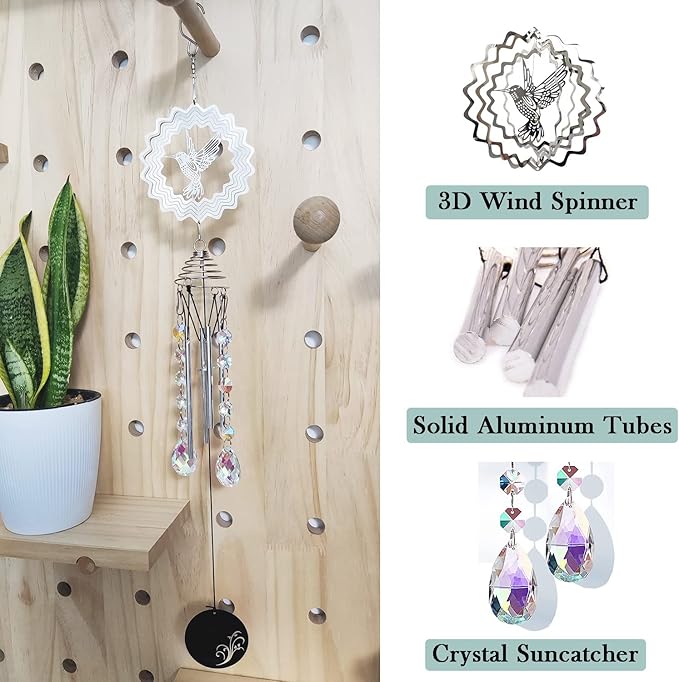 Hourwof Memorial Wind Chimes for Outside,Decorative Wind Chime with Wind Spinner for Garden Patio Yard,Crystal Suncatcher Windchime,Housewarming Gift,Hummingbird