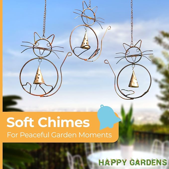 Happy Gardens Cat Wind Chimes with Three Bells | Outdoor Gifts for Cat Lovers | Home Decor for Garden and Patio