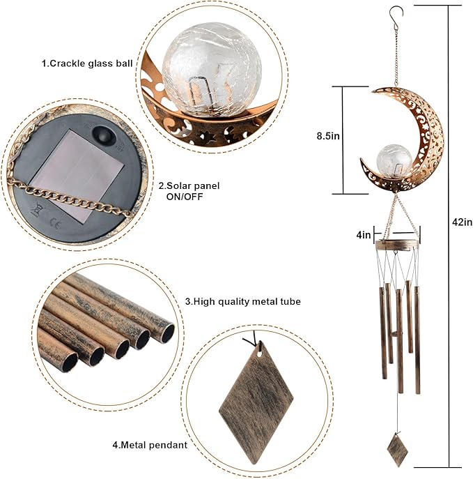 Solar Moon Wind Chimes for Outside Unique Birthday Gifts for Women Mom Grandma Crackle Glass Ball LED Wind Chimes Solar Lights Outdoor Decor Decorative Light for Garden Patio Yard Porch