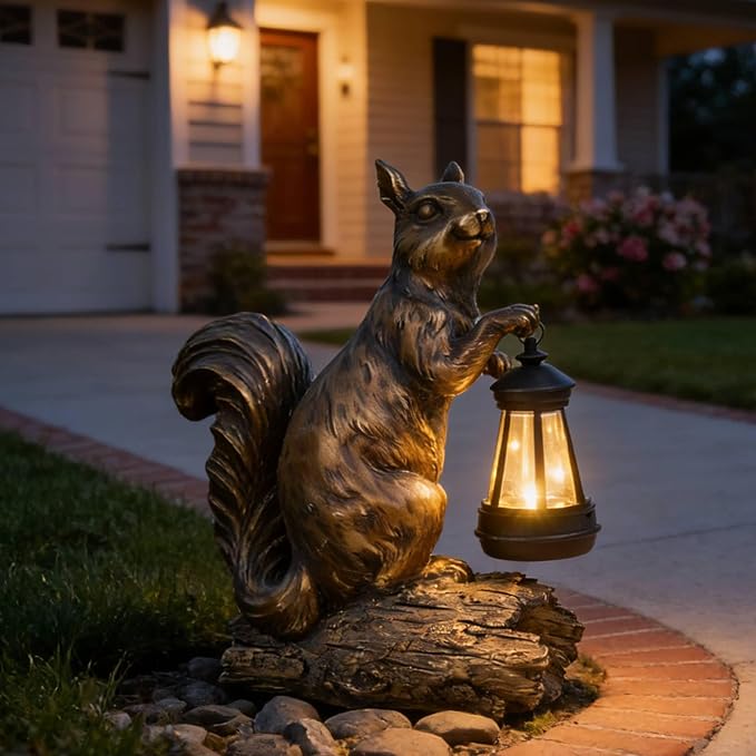 DiliComing Solar Garden Decor Outdoor Statues - Resin Cute Animal Solar Powered LED Garden Light Porcelain Squirrel Decor Yard Decorations Outdoor 8.5 * 4.5 * 11.25 Inch