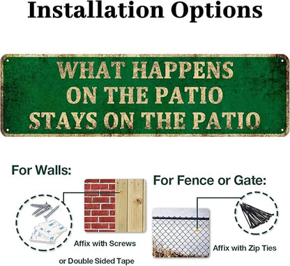 KIOZIY What Happens On The Patio Stays On The Patio 4" x 16" Aluminum Hanging Novelty Sign