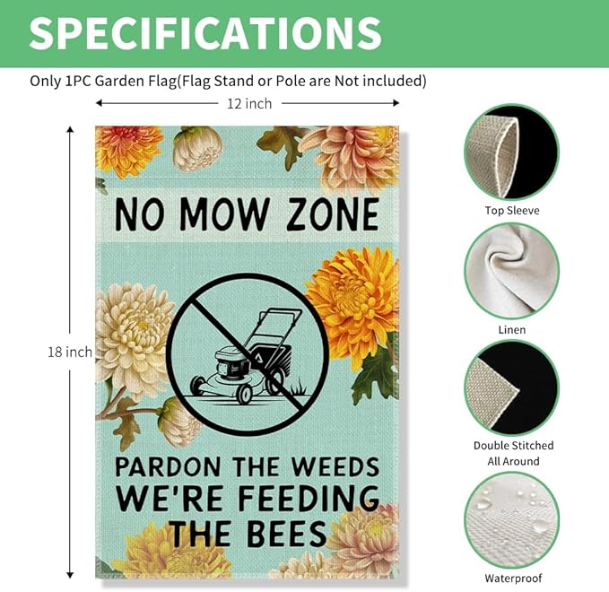 Perfectinsoy No Mow May Zone Sign, Pardon the Weeds We're Feeding the Bees Funny Garden Flag, Pollinator Friendly Yard Banner, Bee Lover Gifts for Gardener, Welcome Yard Farmhouse Spring Outdoor Decor